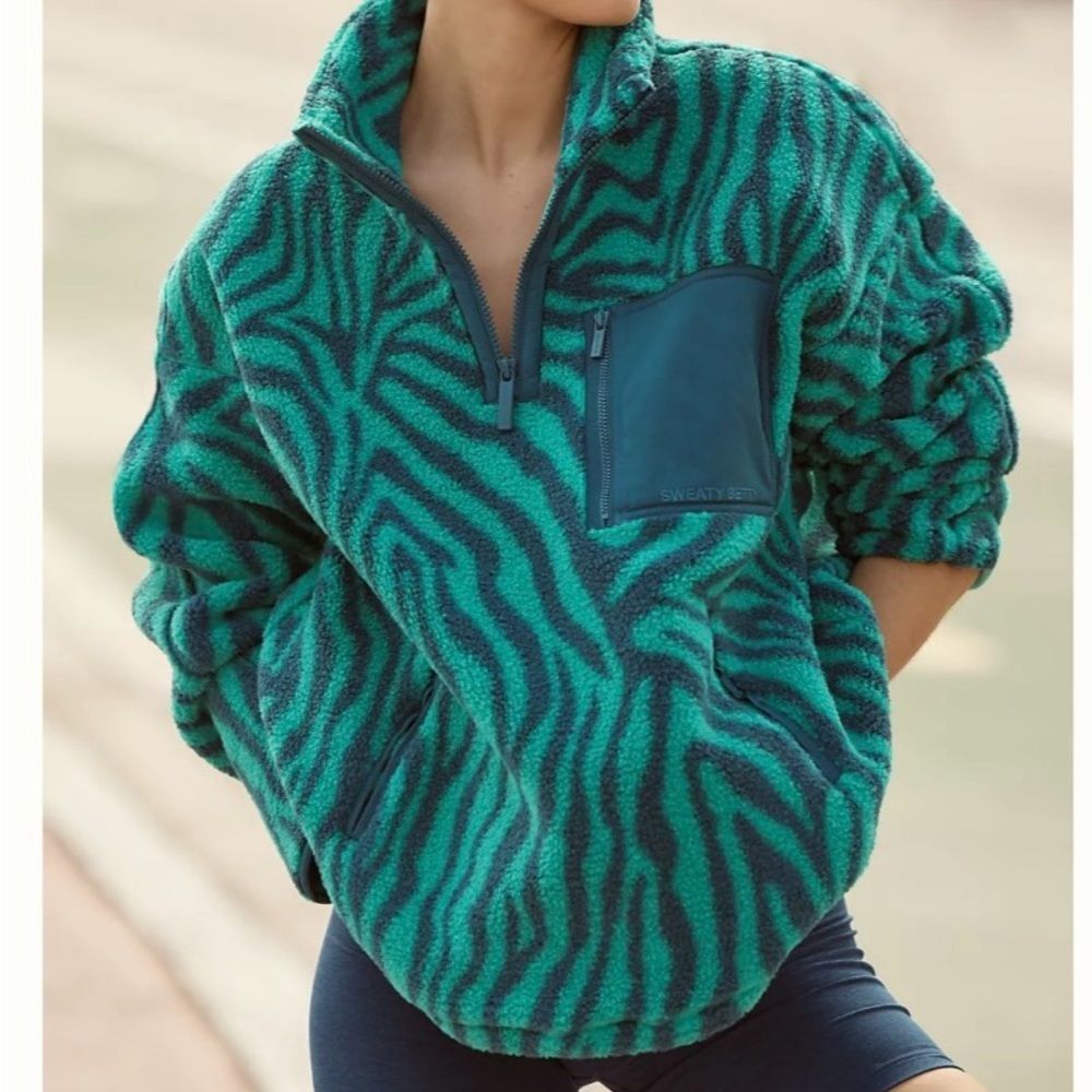 Sweaty Betty - Karma Zebra Print Quarter Zip Fleece Pullover Green Blue - Small - Picture 10 of 12